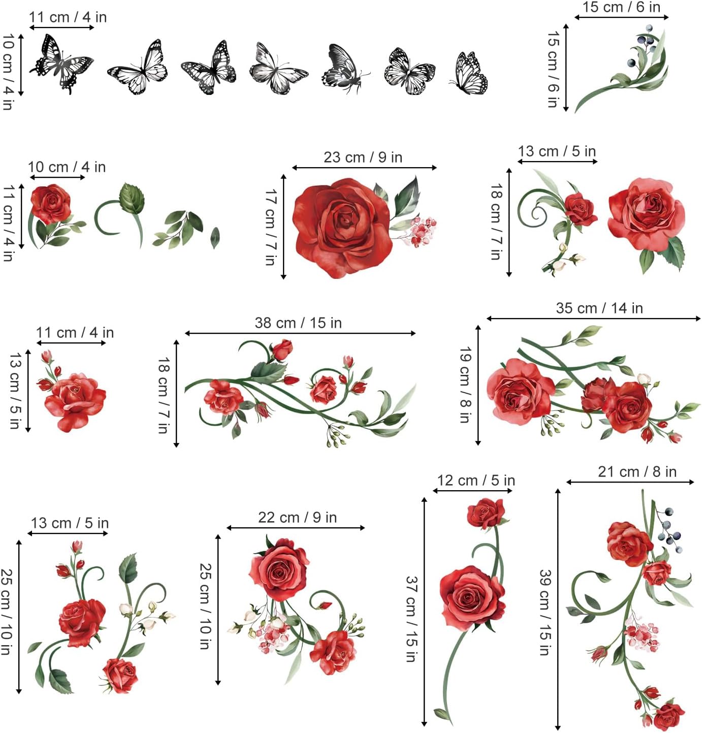 decalmile Red Rose Vine Wall Decals Flowers Butterfly Leaves Wall Stickers Bedroom Living Room Kitchen Wall Decor