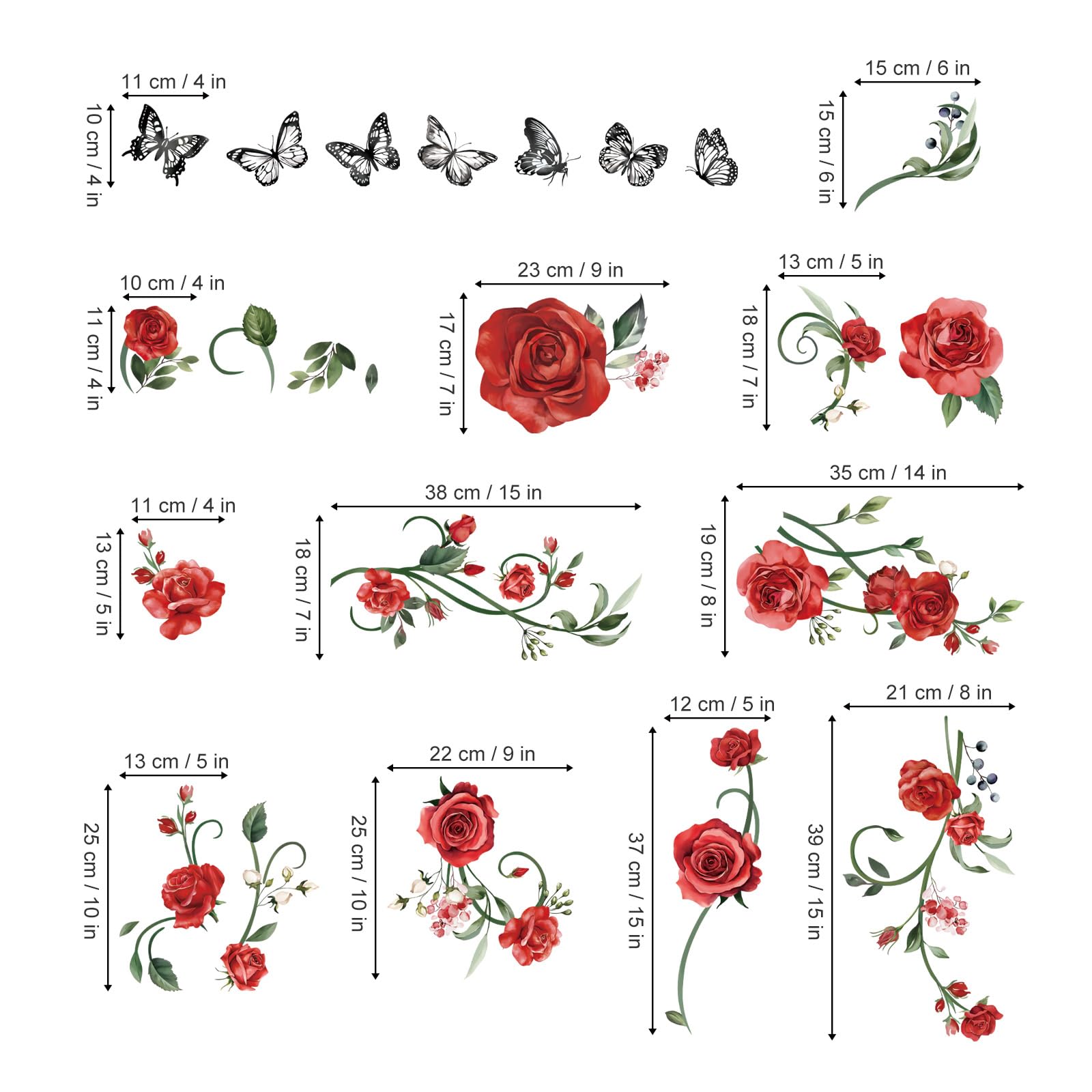 decalmile Red Rose Vine Wall Decals Flowers Butterfly Leaves Wall Stickers Bedroom Living Room Kitchen Wall Decor - Image 4
