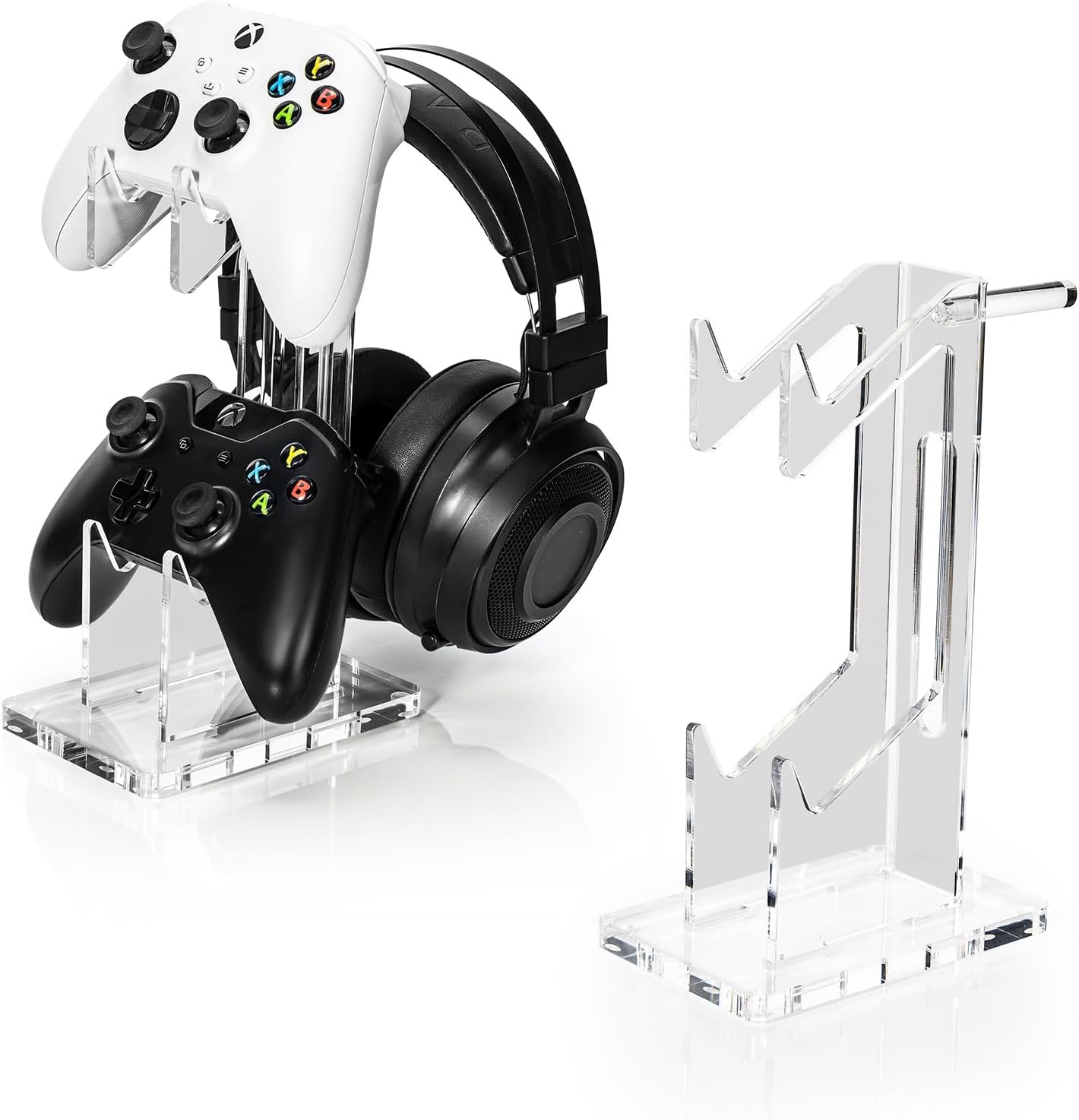 OAPRIRE Headset and Controller Stand, Space-Saving 2 Tier Game Controller Holder, Acrylic Controller and Headset Stand for Desktop, Universal Design Compatible with PS5/PS4/Xbox/Switch (Smoky Clear)
