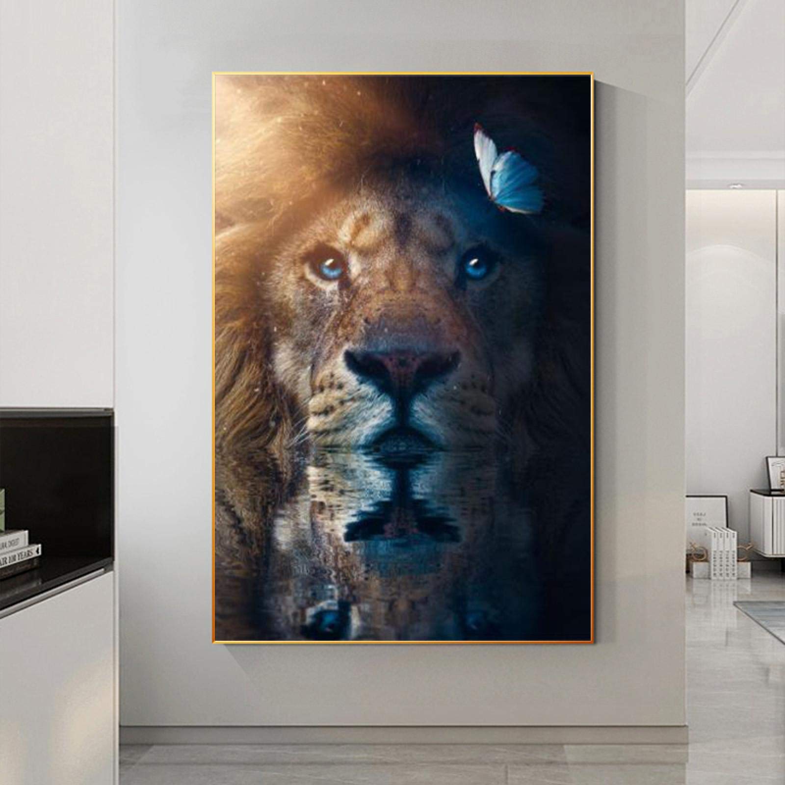 Yooyu Lienzo de Animales Impresión de Arte de Pared León Encantador con Cartel de Mariposa Pintura Cuadro Decorativo Hogar Decoración de la habitación de los niños 50x70x2cm Marco Interno