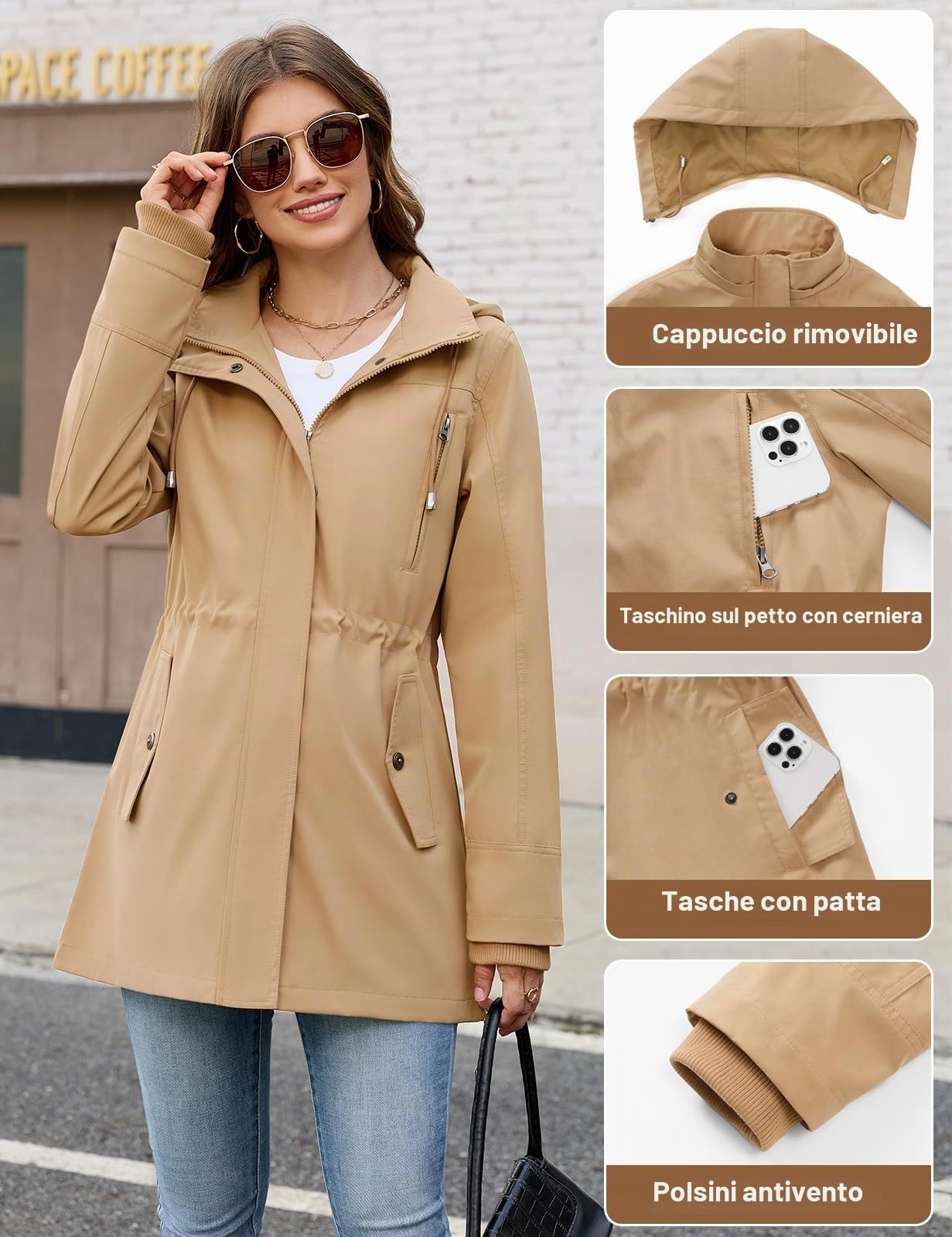 Tuopuda Giacche Donne Cappotto Leggera Utility Giubbotto Casual Giacca con Cerniera Cappuccio Outdoor Primaverile Autunno