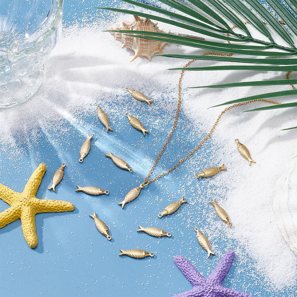 18K Gold Fish Charms 16Pcs Fish Pendants Stainless Steel Sea Animal Charms 21x6x2.5mm with Loop for Jewelry Making Accessory Supplies Necklace Bag Pendant Dangle Earrings DIY Crafts - Image 5