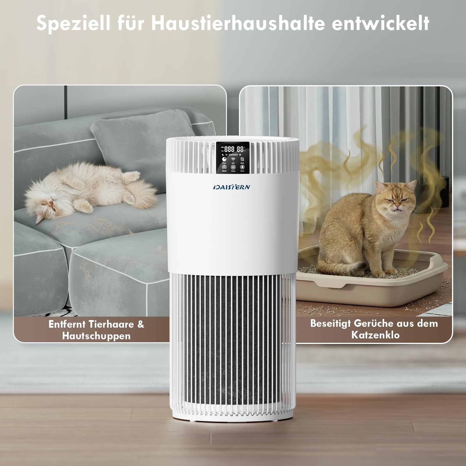 Smart Luftreiniger für Haustiere bis 78㎡, HEPA H13 Filter, CADR 345m³/h, entfernt Tierhaare, Allergene & Gerüche, Ionisator, Pet Purifier für Pollen Formaldehyd Schlafzimmer & Wohnzimmer
