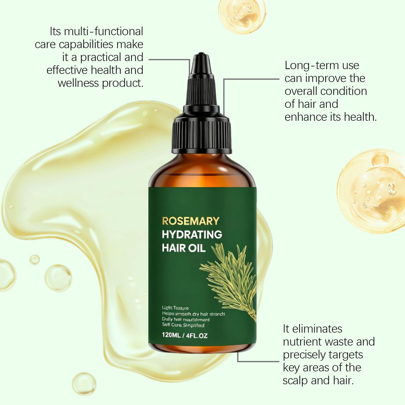 Olio per capelli multiuso al rosmarino, formula leggera non grassa, nutrimento notturno, formula sicura per tutti i tipi di capelli, cura di sé semplificata (6pcs)