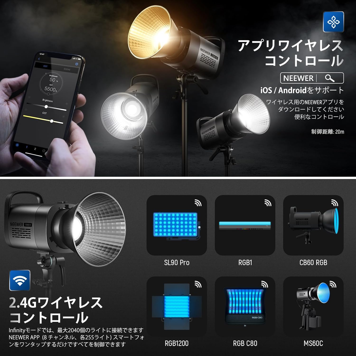 Amazon | NEEWER CB60B LEDビデオライト 撮影用ライト 70W COB定常光