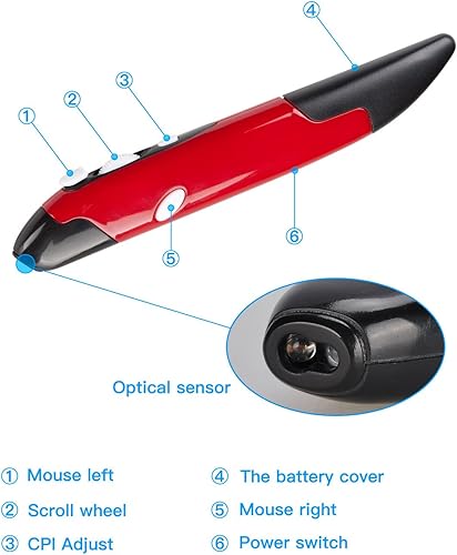 Miniatura 4 de lychee Ratón óptico inalámbrico de bolsillo, 2.4 GHZ USB inalámbrico lápiz óptico ratón 80012001600 DPI ajustable escritura a mano mini ratones para