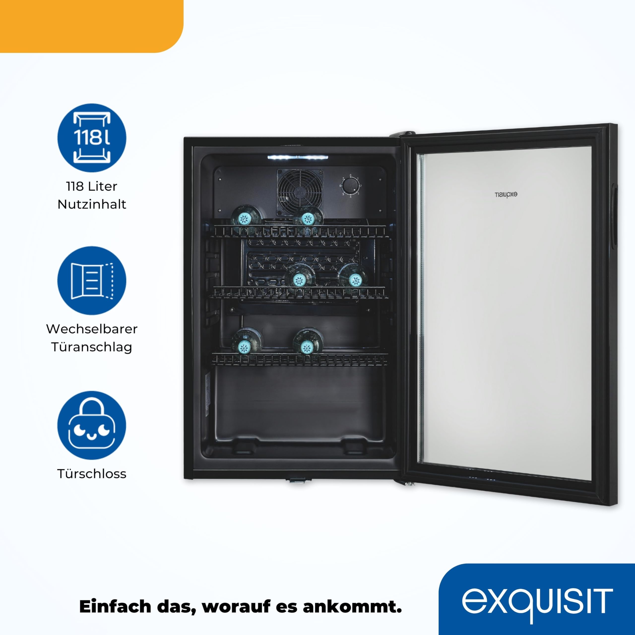 Exquisit GKS120-GT-160C Glastürkühlschrank 118L Flaschenkühlschrank Schwarz LED Umluft 3 Ablagen Schloss Kompakt Gastro-Kühlschrank