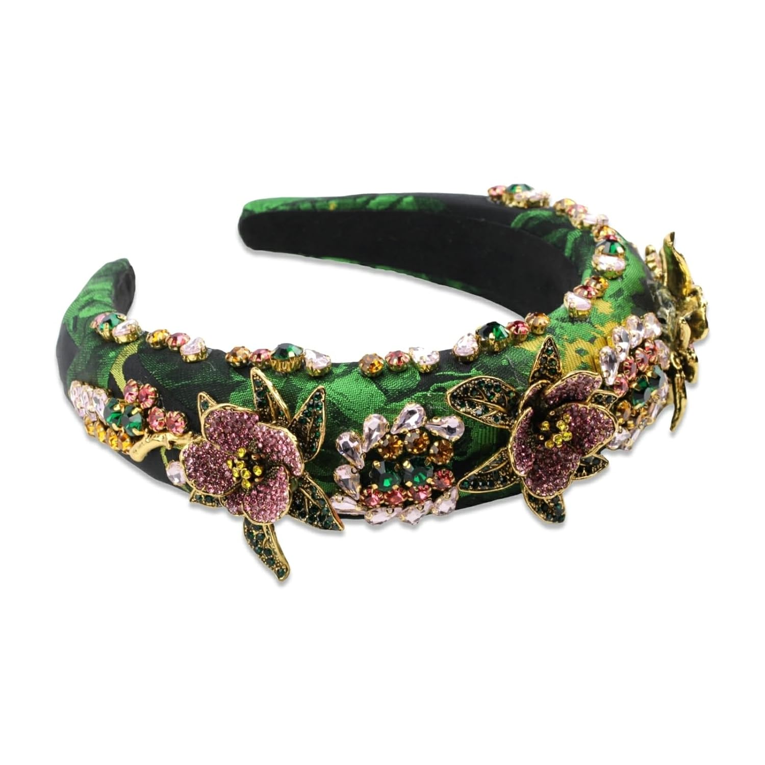 Luxury Baroque Big Wide Crystal Headband for Women Pearl Rhinestone Bead Decorative Hairband Jeweled Head Hoop Party Accessories (HDDY1080-green)