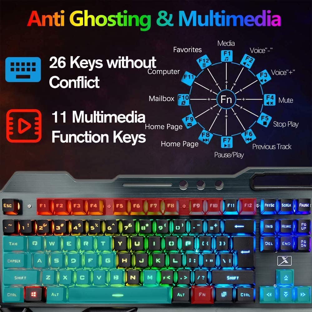 Ensemble clavier de jeu sans fil, souris clavier rétroéclairé RVB rechargeable avec batterie de 5000 mAh, panneau en métal, repose-main amovible, toucher mécanique et souris sourdine de jeu 7 couleurs