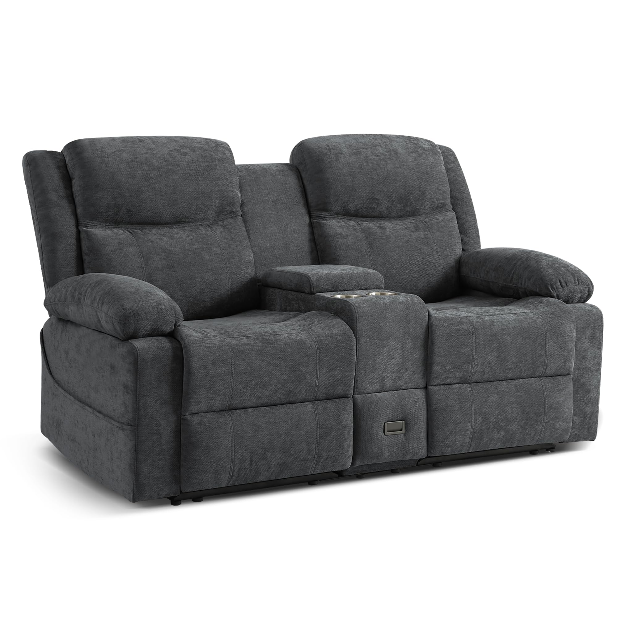 Zweisitziges Relaxsofa mit manueller Liegefunktion, Stoffbezug, Mittelkonsole mit Becherhaltern & Seitentasche – Doppel-Liegesofa ideal für Wohnzimmer, Büro oder Wohnung (Grau)