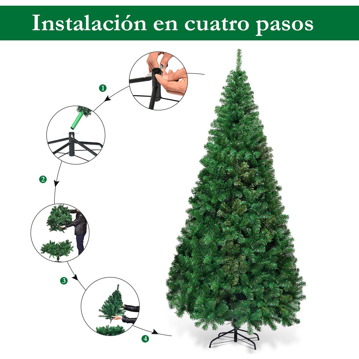 COSTWAY 210 cm Árbol de Navidad Artificial, Arbol de Navidad Verde con Base Metálica, Árbol Artificial de PVC con 950 Ramas, Decoración Navideña para Interiores Fácil de Montar