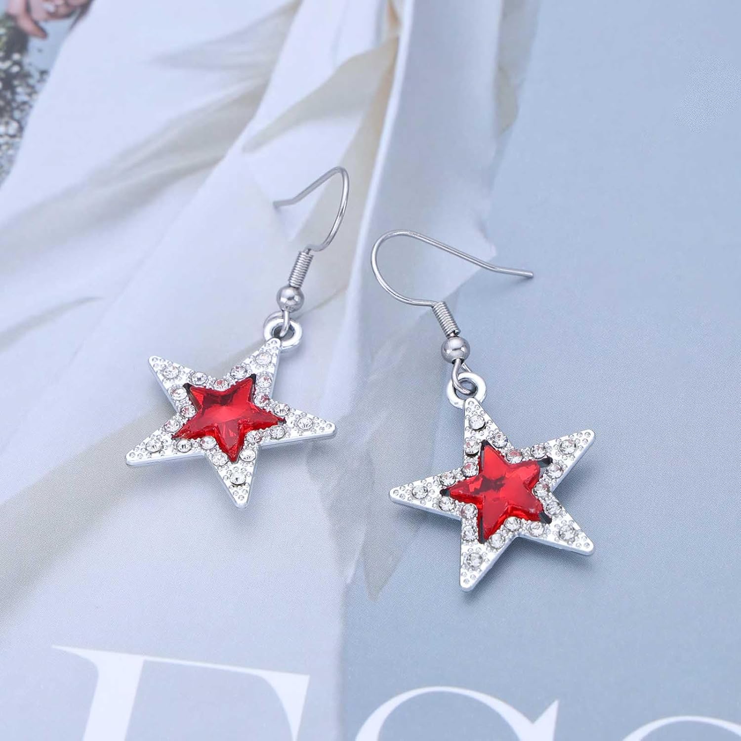 Crystal Star Dangle Earrings Silver Rhinestone Star Earrings Red Ruby Drop Earrings Sparkly Cz Large Star Earrings Vintage Star Hook Earrings - Image 6