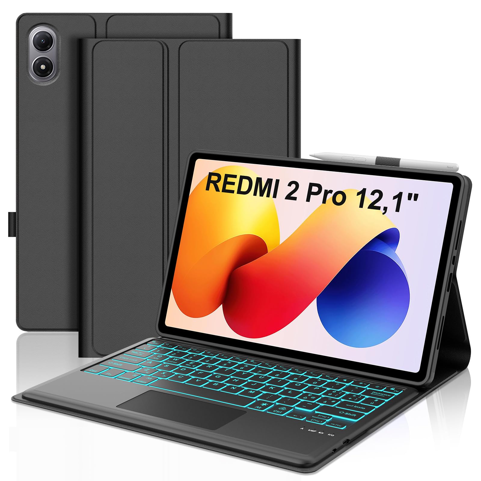Occtingkind Per Redmi Pad 2 Pro 12,1" Cover Tastiera con RGB & TP Italiana | Cover per Poco Pad M1 - Con Retroilluminazione 7 Colori & Touchpad Bluetooth, Premium per la produttività, Nero