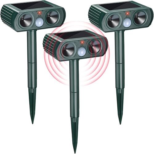 Paquete de 3 repelentes solares ultrasónicos de animales, impermeable, repelente de perros y gatos al aire libre con sensor de movimiento para