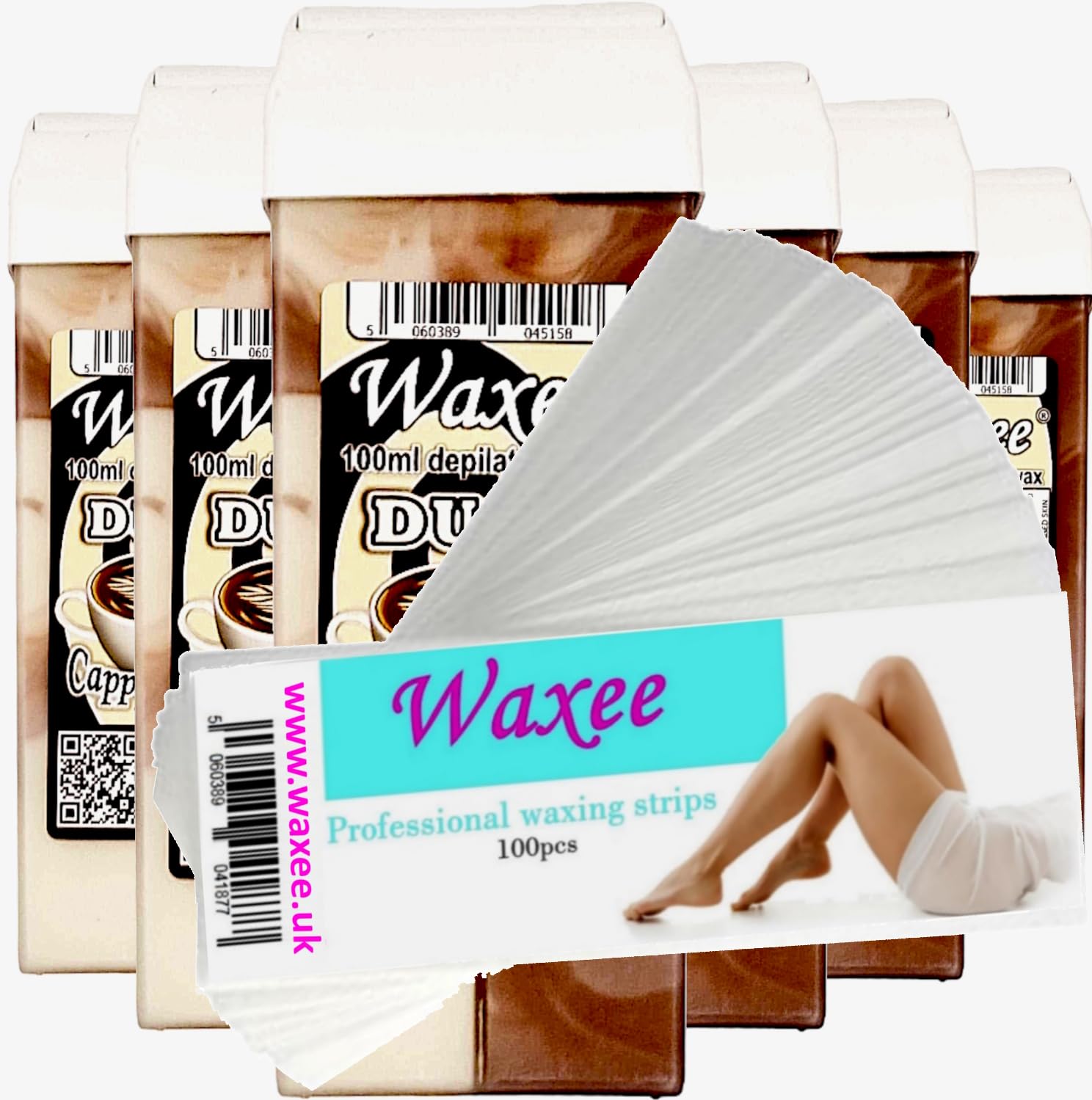 6x 100ml roll-on wax roller wax cartridge refill + 100 waxing strips from UK brand Waxee! (Pink) — view 13