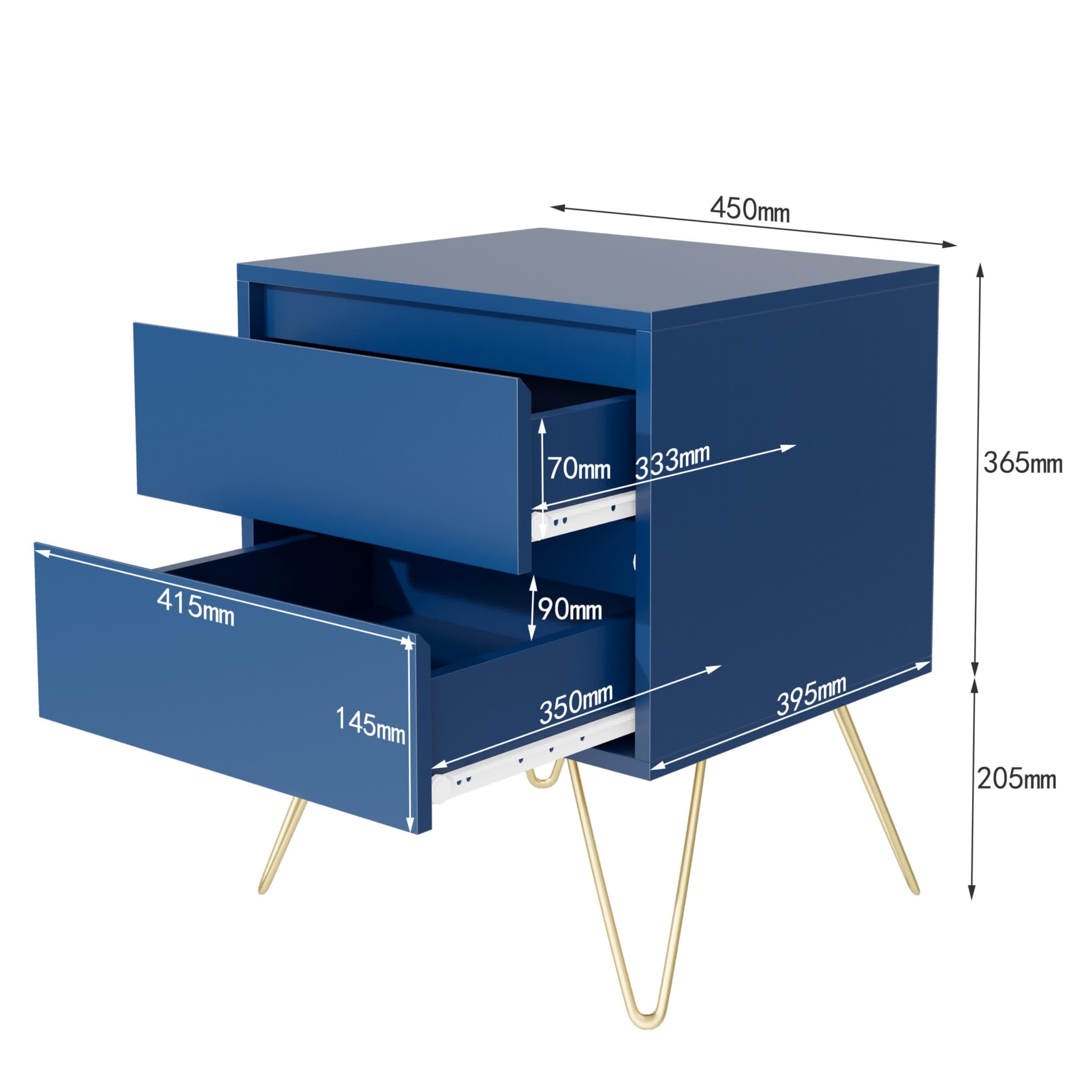 Garvis Home Nachttisch 2er Set, Nachtschrank mit 2 Schubladen, MDF Nachtkonsole mit goldenen Hairpin-Legs, Retro Beistelltisch für Boxspringbett, inkl. Kippschutz (Marineblau)