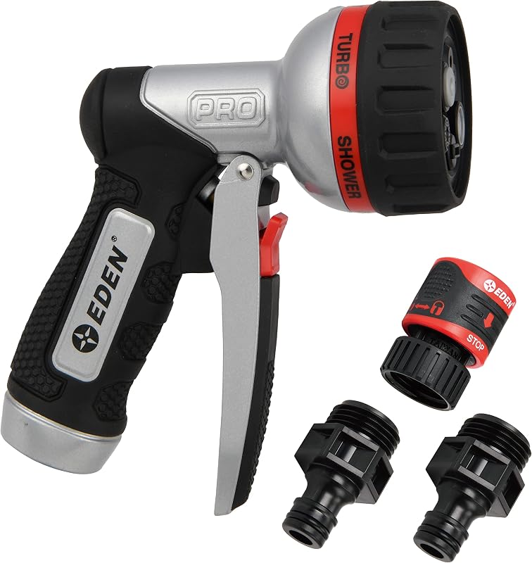 Eden PRO 94833 Metal Front Trigger 6-Pattern Turbo Nozzle | Heavy-Duty Hose Sprayer for Garden, Lawn, Plants, Outdoor Cleaning, Durable Aluminum Core, Quick Connect Set Bundle