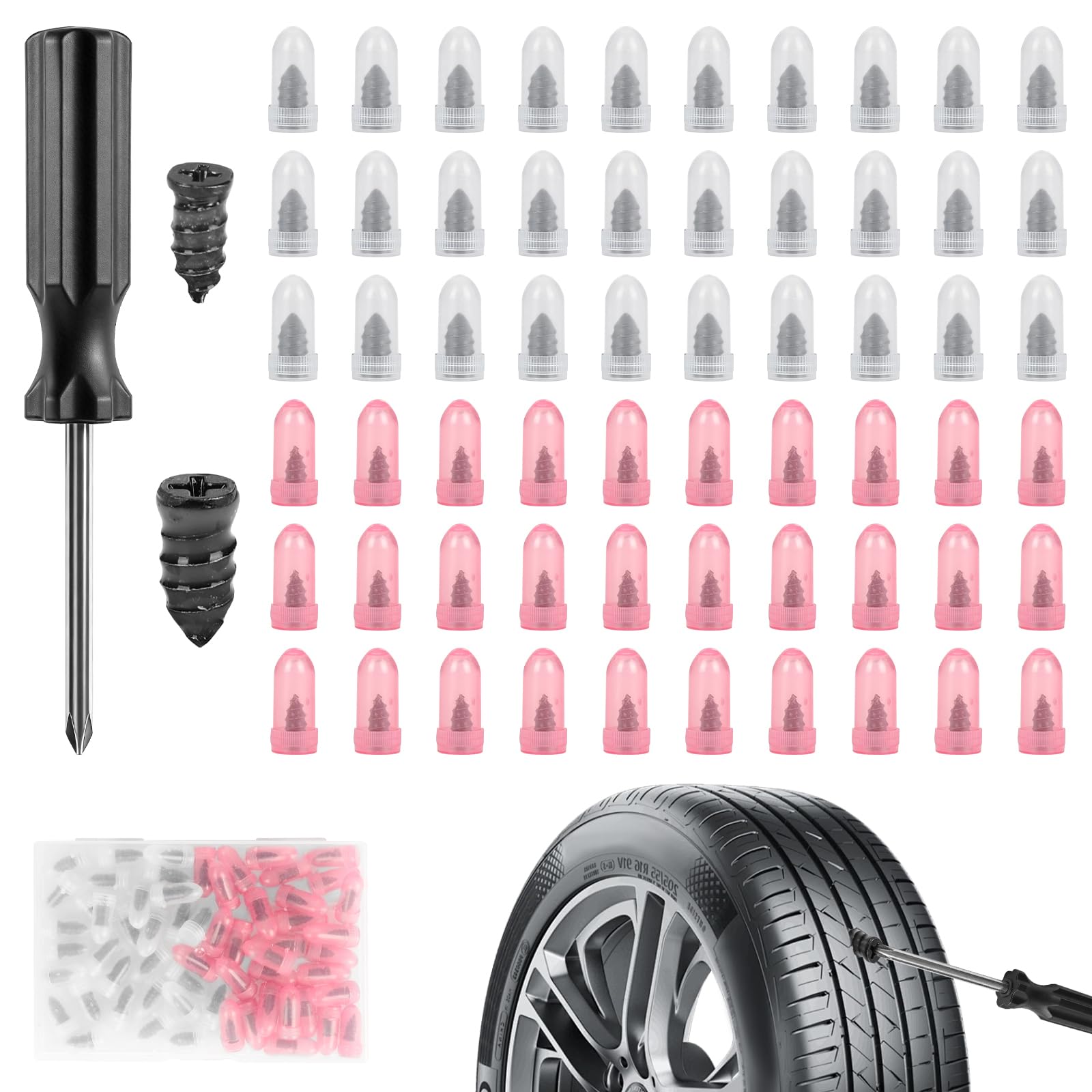 YFPOPONE 60Pcs Tyre Repair Kit, Car Puncture Repair Kit with Rubber Nails Screws, Universal Tubeless Tyre Repair Tool for Motorcycle Bike Truck, Fast Emergency Tire Repair Screws with Screwdriver