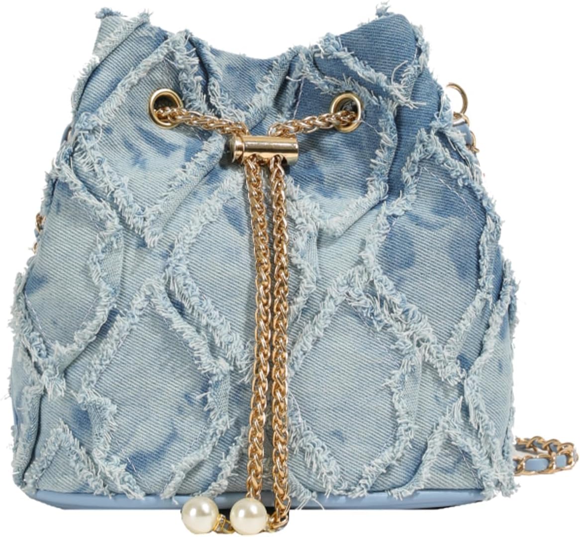 Denim Bucket Bag for Women Girls, Tassel Hobo Shoulder Bag Tote With Chain Strap, Large Capacity Beach Canvas Handbag