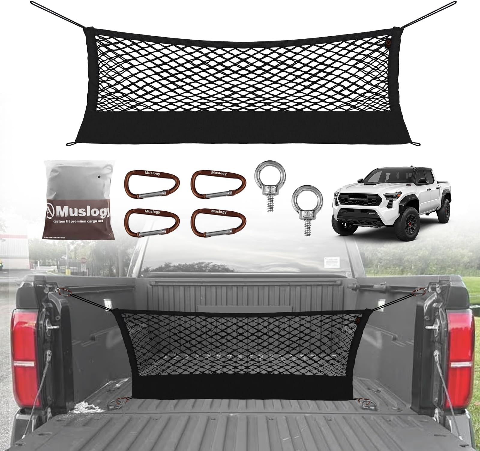 Muslogy Truck Bed Cargo Net Trunk Netting Compatible with 2024 2025 2026 Toyota Tacoma Accessories, Pickup Cargo Organizer SUV Sedan Storage Net w/Heavy Duty Carabiners