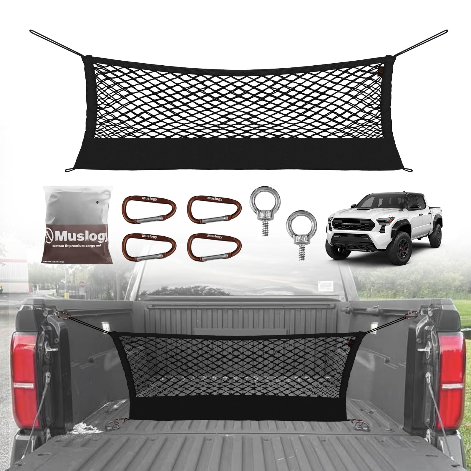 Muslogy Truck Bed Cargo Net Envelope Style Compatible with 2024 Toyota Tacoma Accessories Elastic Mesh Bed Net Stretchable Cargo Organizer with Hooks and Stainless Screw Replacement
