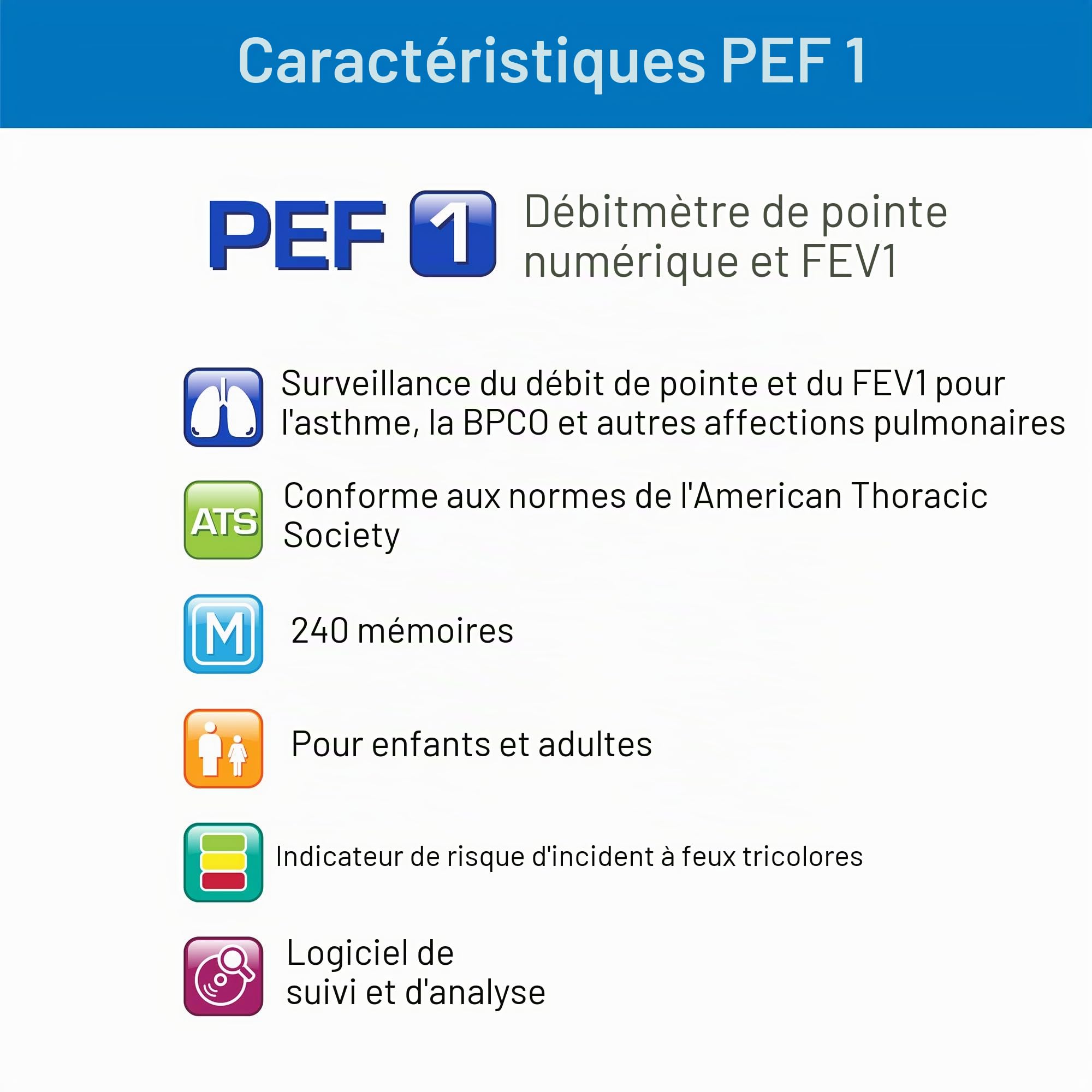 Microlife PF100 Débitmètre Connecté, Mesure DEP/VEMS, Adulte/Enfant, Connexion USB PC, 240 Mémoires