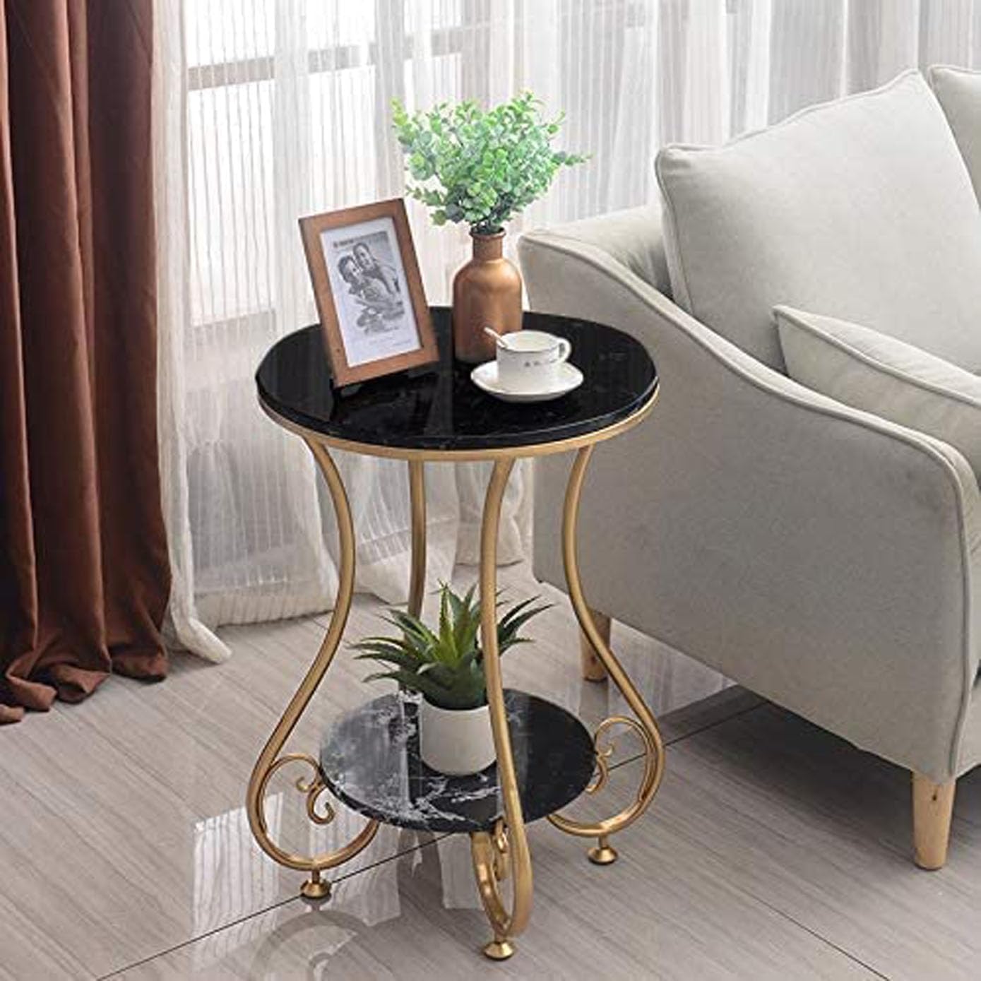 Coffee Table for Living Room Decor, 2-Tier Storage with Metal Frame, Wooden Table Top Marble Finish Space-Saving Wood Center Table, Modern Style Easy Assembly (Gold Black)-image-42
