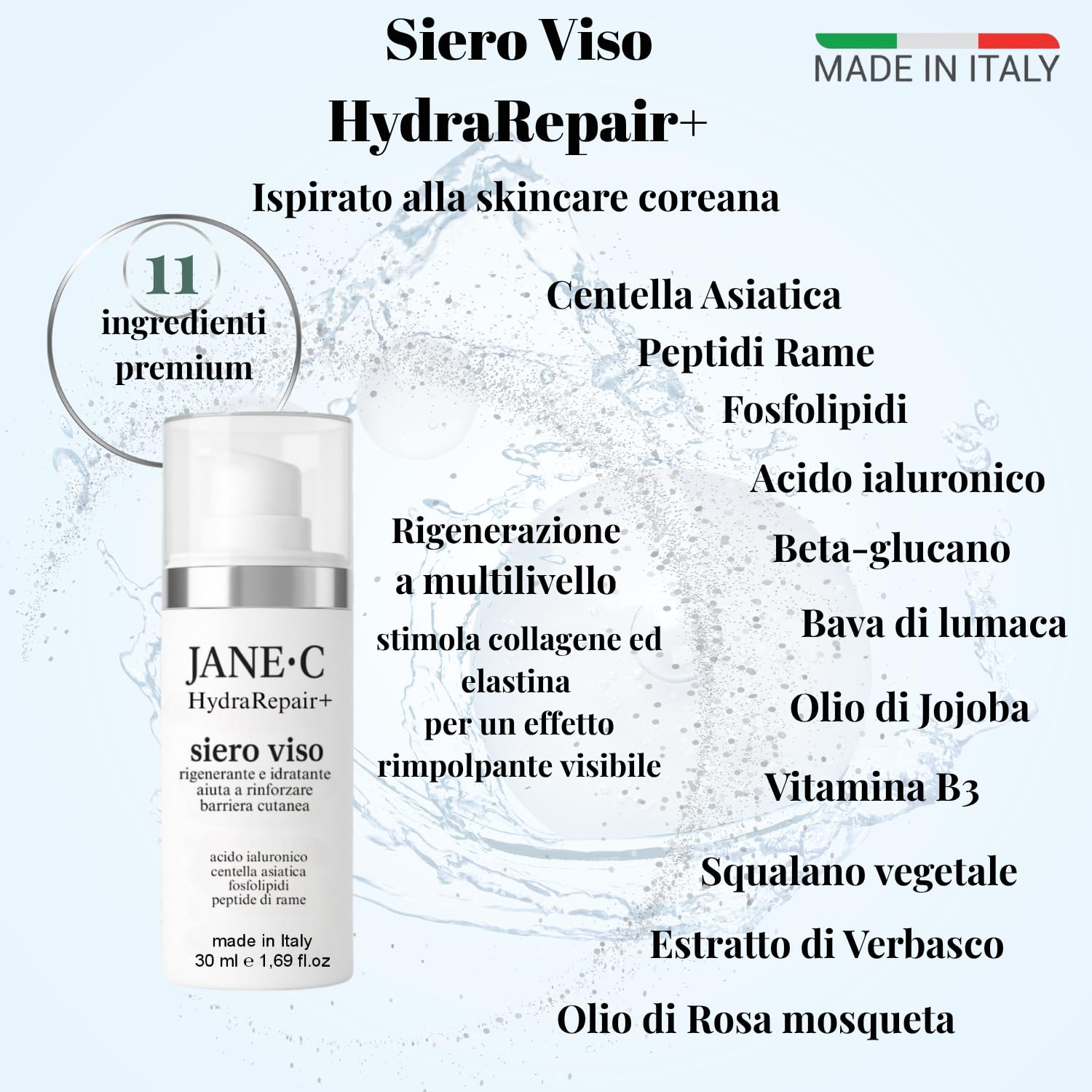 JANE•C Siero Viso Rigenerante lenitiva HydraRepair+ Con Centella Asiatica, Acido ialuronico,Peptidi e Fosfolipidi – Korean Beauty –Per pelle sensibile -Made in Italy – 30 ml