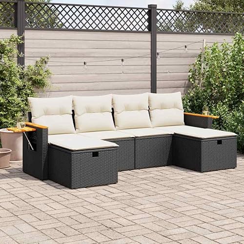 6-Piece Garden Sofa Set in Black and Cream White with Storage Compartments, Weather Resistant Outdoor Furniture for Patio Terrace Lounge Seating
