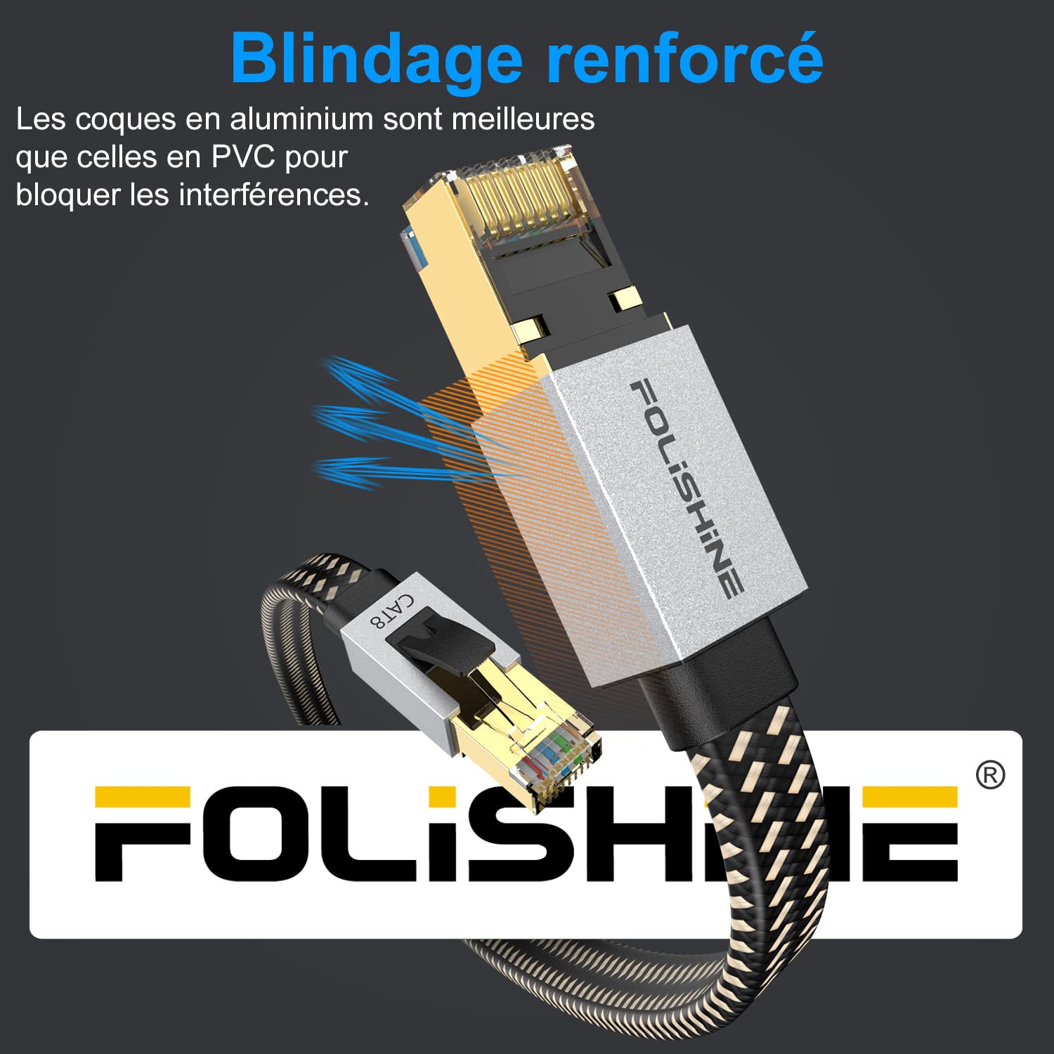 Folishine Câble Ethernet Cat8 30M, cordon de raccordement LAN tressé en nylon haute vitesse, câble plat blindé RJ45 40Gbps 2000Mhz, pour modem/routeur/commutateur, plus rapide que Cat5e/Cat6/Cat7
