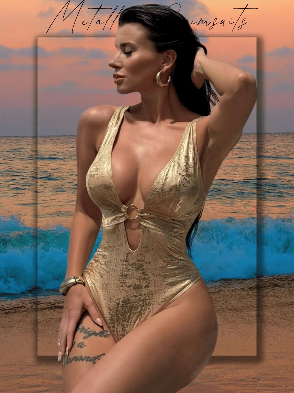 Women's Sexy One Piece Swimsuits Lightweight Metallic Bodysuit Rave Outfits Plunge High Cut Cheeky Monokini Bathing Suit - Image 2