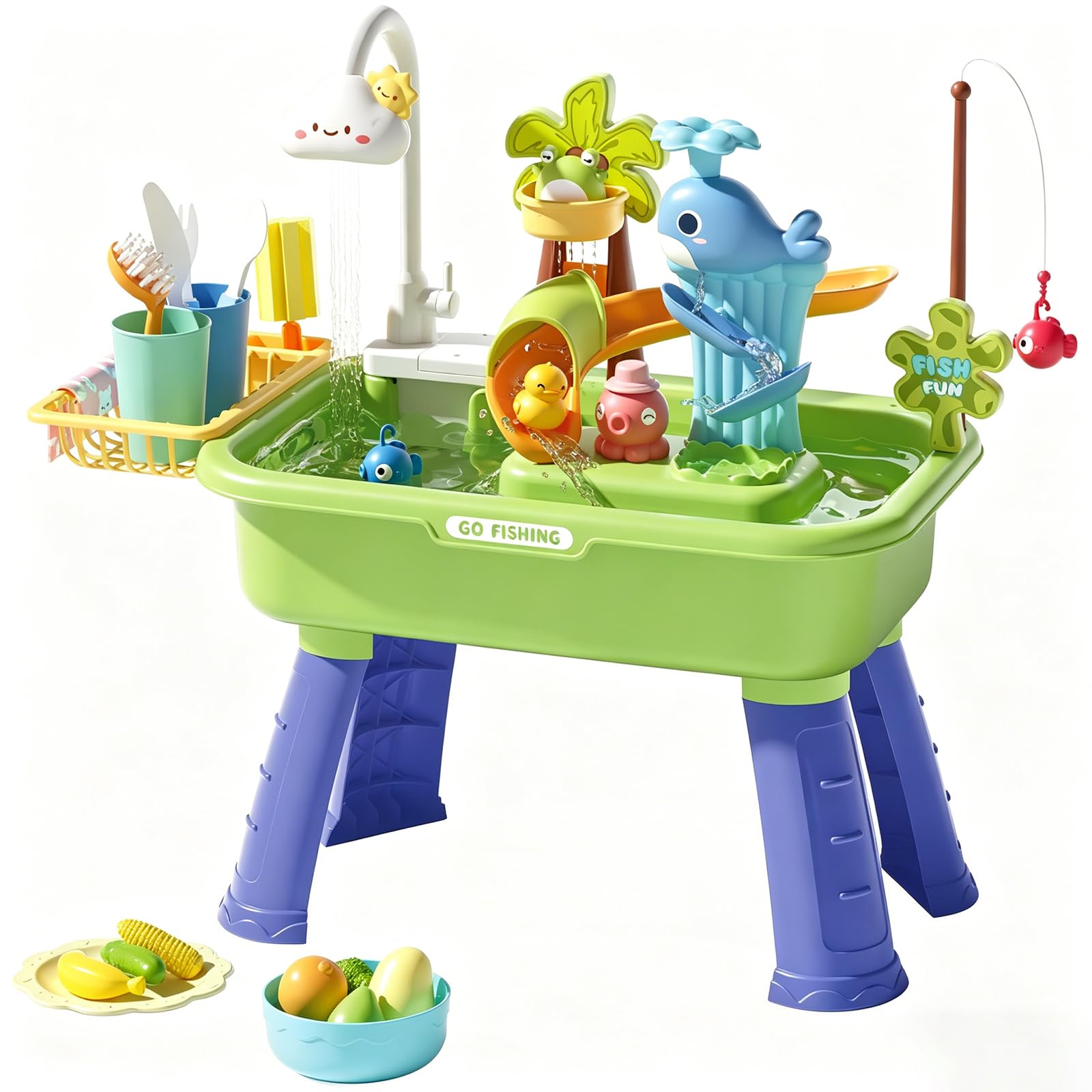 Water Table for Children, 180° Rotatable Faucet Kids Water Table with 39 Accessories＆Detachable Leg, with Electric Water Pump, Play Sink with Running Water, Summer Water Toys (green)