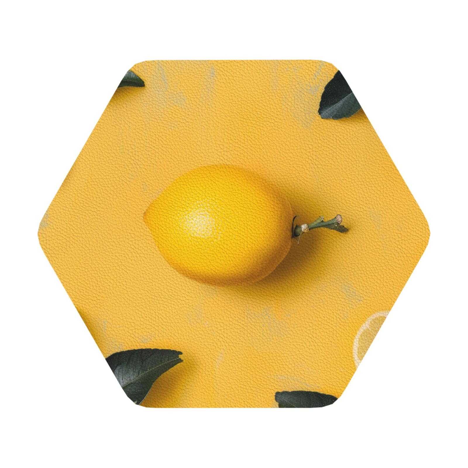 Yellow Lemon art Print Leather Coaster Set of 6, Hexagon Coasters Table Decorative Coffee Cup Beverage Coasters Wine Beer Bar Coasters for Hot Drinks Table Protection