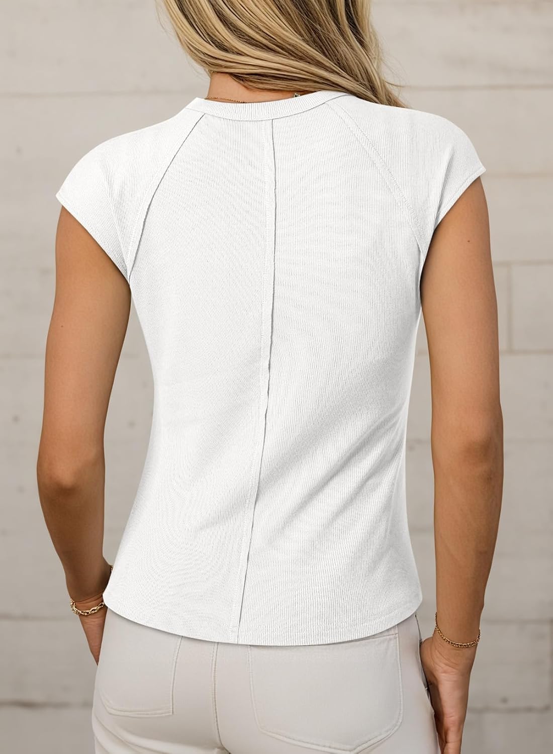 Sidefeel Womens Tops Casual Crewneck Cap Sleeve Tops Ribbed Raw Hem Summer T Shirts Slim Fit Basic Tees Blouses - Image 2