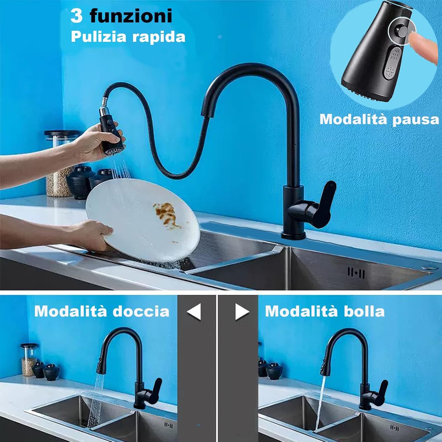XWIHTR rubinetto da cucina estraibile a scomparsa, rubinetto da cucina girevole a 360°, miscelatore da cucina in acciaio inox a 3 modalità, rubinetto per lavello da cucina (nero - testa grande)