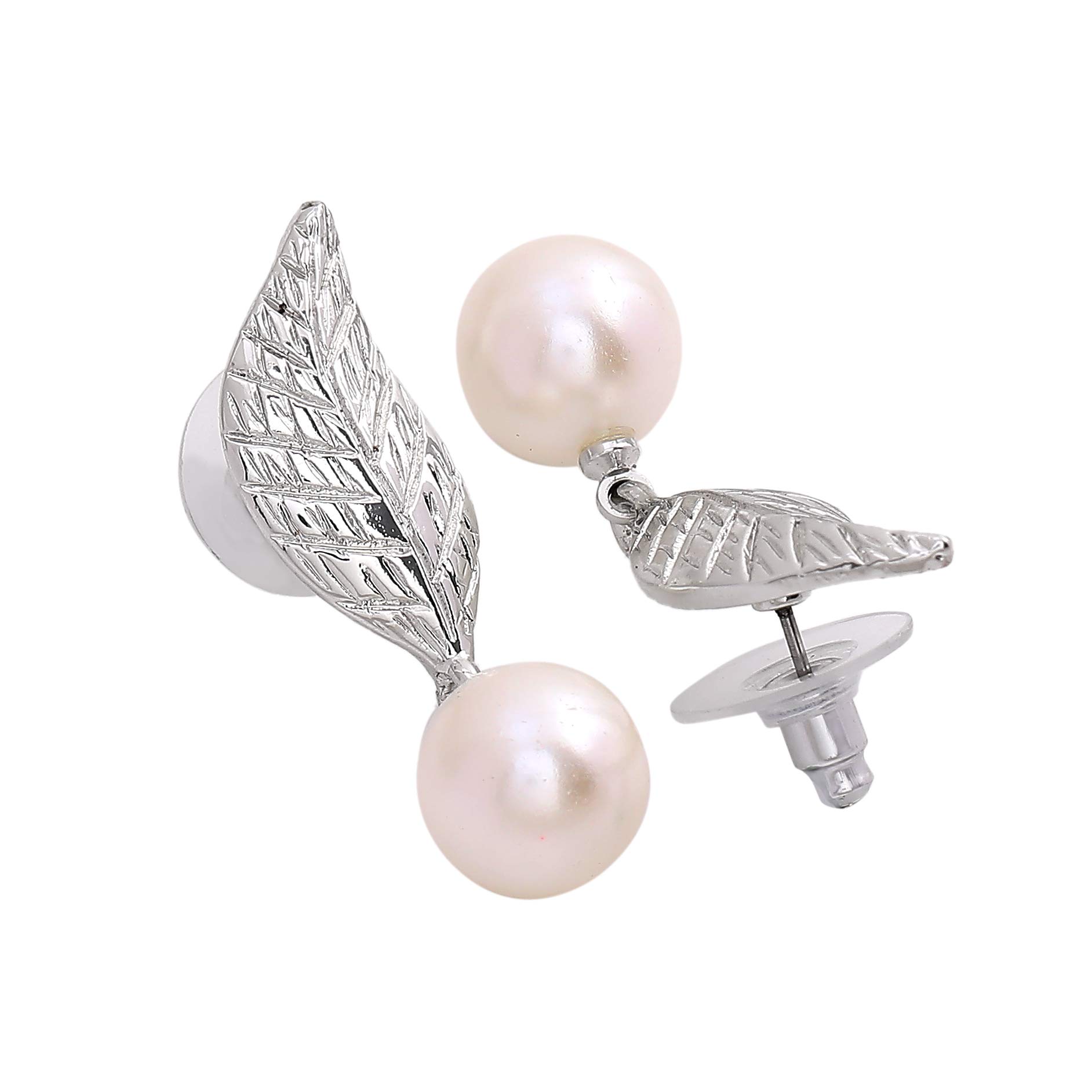Rhodium Leaf Pearl Drop Earrings