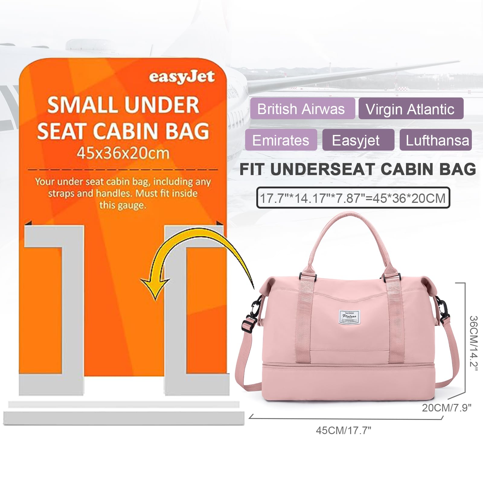 Borsone da Viaggio Donna, 45x36x20 Easyjet Bagaglio a Mano Borsa da Viaggio con Scomparto per le Scarpe, Borsa Sportiva Borsone da Palestra Grande, Borsa da Weekend,Borsa per Ospedale,E3-Rosa