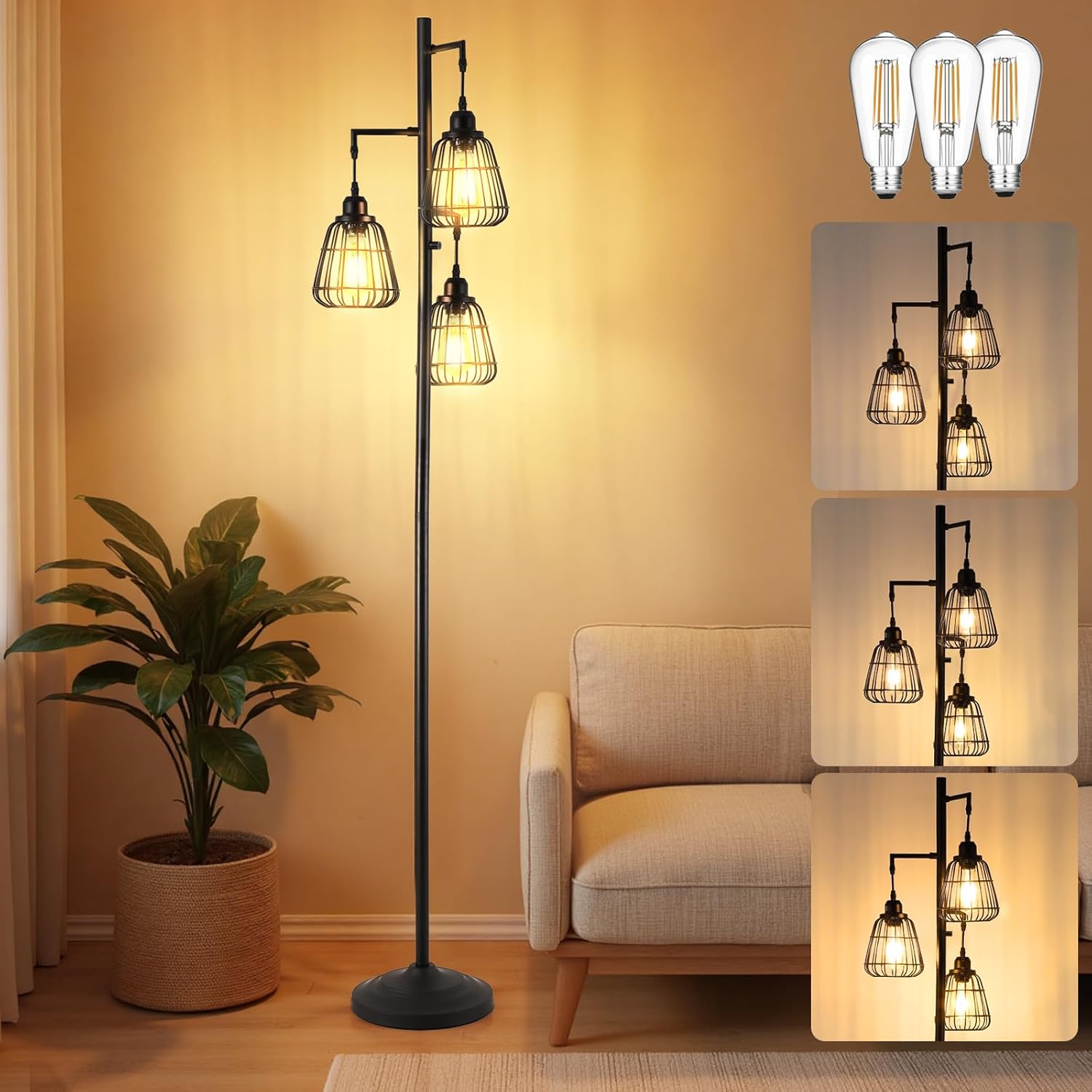 Black Dimmable 70'' Floor Lamp for Living Room Farmhouse 3-Light Tall Lamp with Bird Caged Lampshade Bedroom Floor Tree Standing Lamp (3xLED Bulb Included) - 315603BK