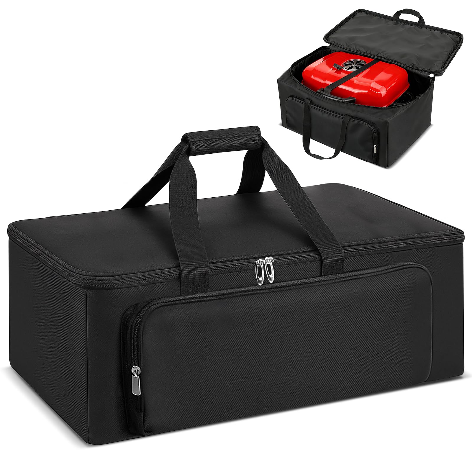 Flymer Grill Carry Bag, 600D Heavy Duty Storage Bag for BBQ Accessories with Handles & Multiple Pockets, Carrying Bag for Plancha Grill and Travel Camping BBQ, 62 Γ 53 Γ 30 cm, Black