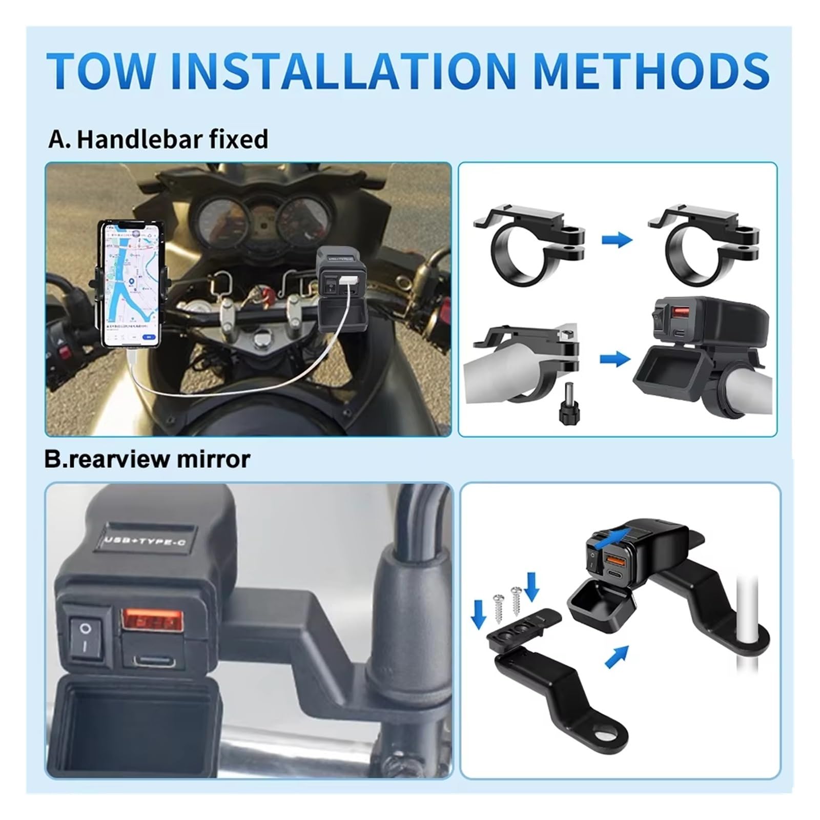 Navigation GPS PD QC3.0 Chargeur USB Rapide pour Moto Guidon 60W Double Prise avec Interrupteur Voltmètre Adaptateur d'alimentation Étanche 12V(QC3.0 Voltmeter)