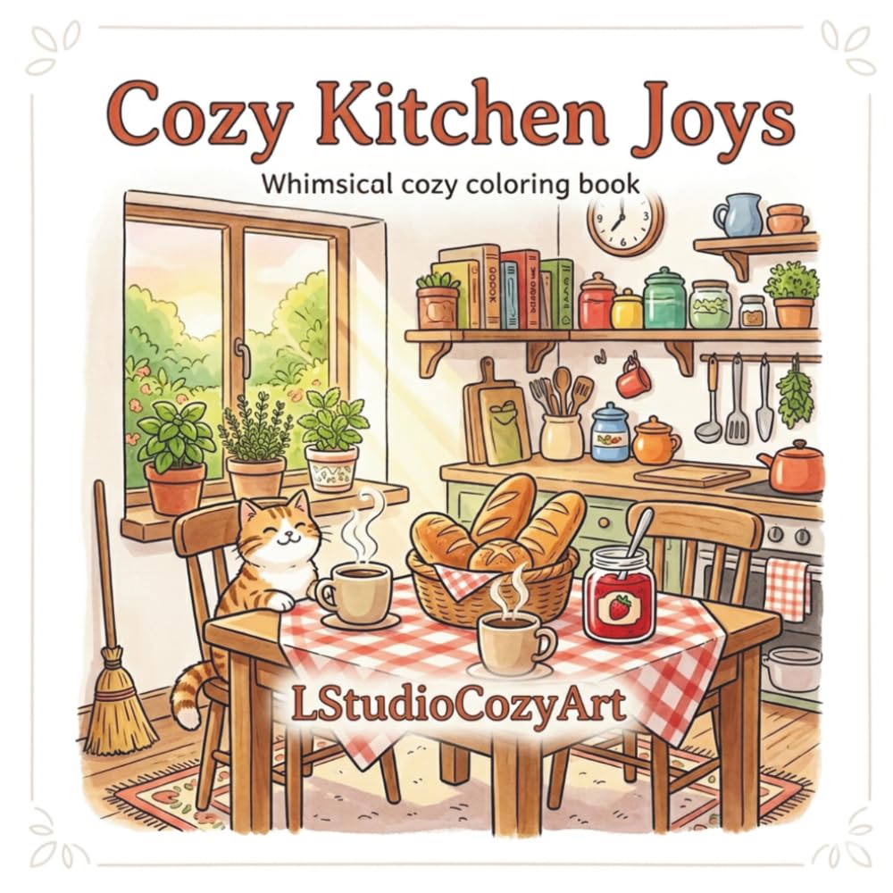 Cozy Kitchen Joys: Whimsical Cozy Coloring Book: Bold and Easy Coloring Pages for Adults and Kids, Simple Kitchen Scenes for Stress Relief and Relaxation