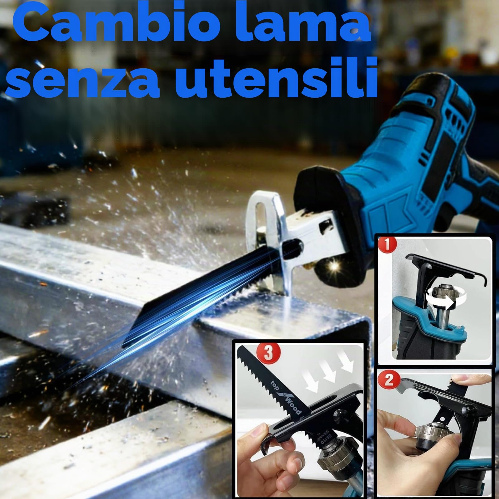 Sega a Gattuccio Batteria 21V con 2 Batterie Caricabatterie 4 Lame Portatili, Motosega a Batteria con Luce LED, Sega Alternativa a Velocità Variabile per Metallo, Legno, Tubi in PVC(2 Batterie)