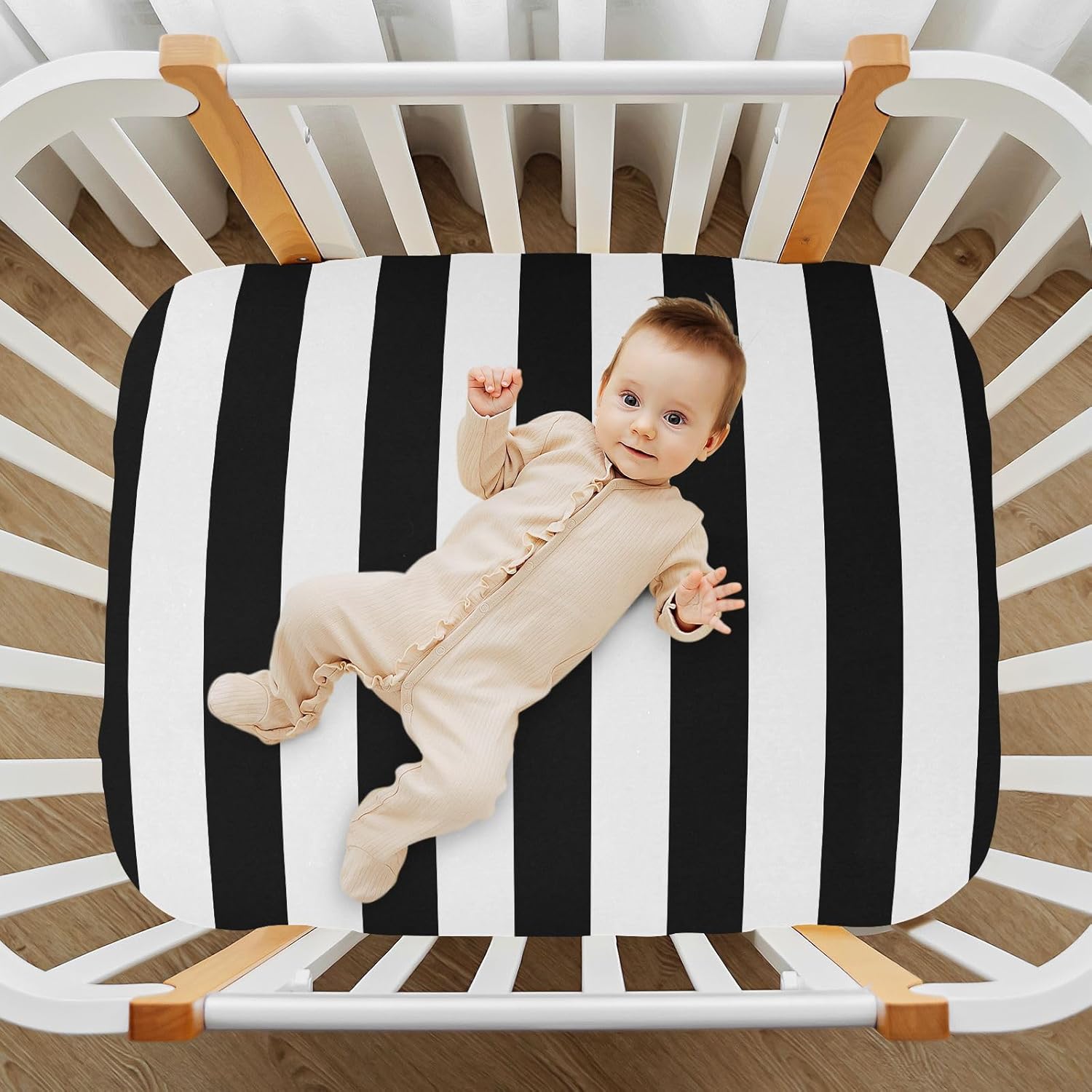 Pfrewn Crib Sheets for Boys Girls Retro White and Black Striped Fitted Crib Sheet Fits Standard Crib Mattress Pads Stretch Soft Toddler Baby Sheet, 52x28x9IN
