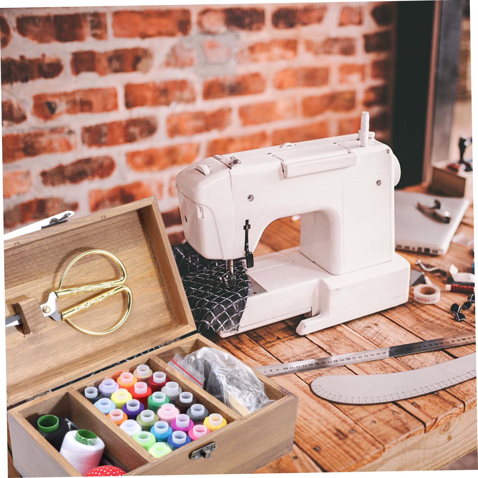 1set Scatola da Cucito Legno Pratica e Capiente con Kit Completo di Accessori Organizer Vintage per Hobbisti e Inizianti per Viaggi e Casa