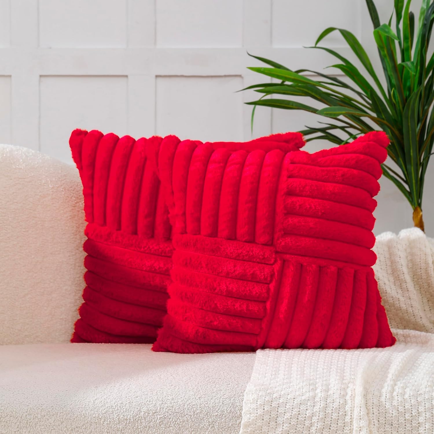 All Smiles Red Cushion Covers 45x45 cm Set of 2 Christmas Decorative Pillow Covers Faux Fur Soft Plush Striped Neutral Pillow Cases 18X18 Inch for Sofa, Bed, Couch, Living Room Home Decor — image 1