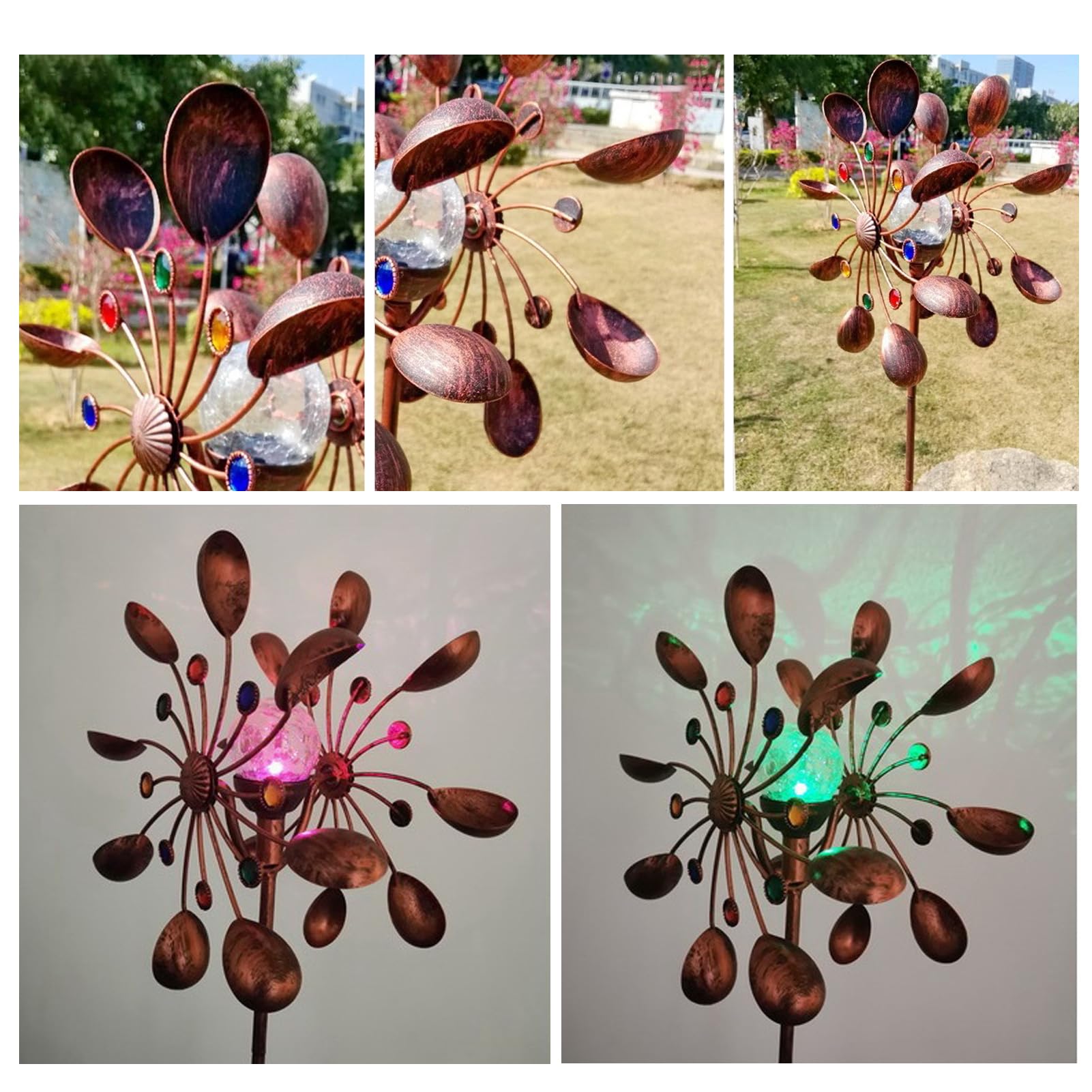 Kinetyczna turbina wiatrowa 188 cm, metalowe wiatraki z oświetleniem LED, szklana kula zasilana energią słoneczną, podwójne kierownice, rzeźby wiatrowe do dekoracji trawnika i ogrodu
