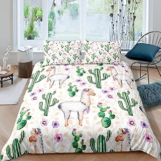 Feelyou Girls Cute Llama Duvet Cover Cartoon Llama Alpaca Bedding Set for Kids Children Cactus Floral Comforter Cover Exotic Nature Animal Decor Bedspread Cover King Size Zipper
