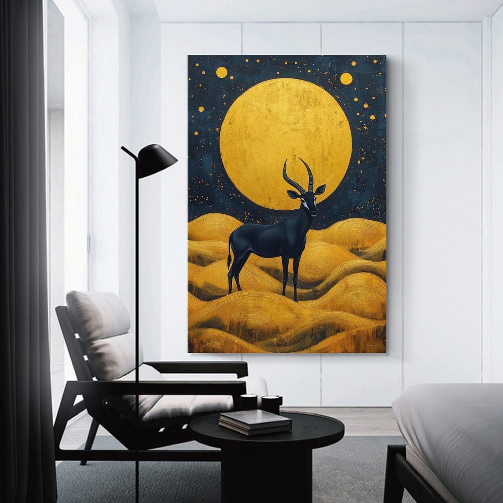 Junmoney Sable Antelope Under Golden Moon Wall Art Print 24x36inch(60x90cm), for Picture Wall Styling in Lounge Or Bedroom, A Versatile Canvas Print for Layering