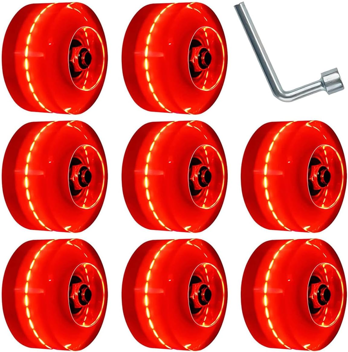Luxshiny Roller Skate Wheels Light-up Pu Red LED 8pcs with Bearings and Wrench for Indoor and Outdoor Double Row Skating Accessories