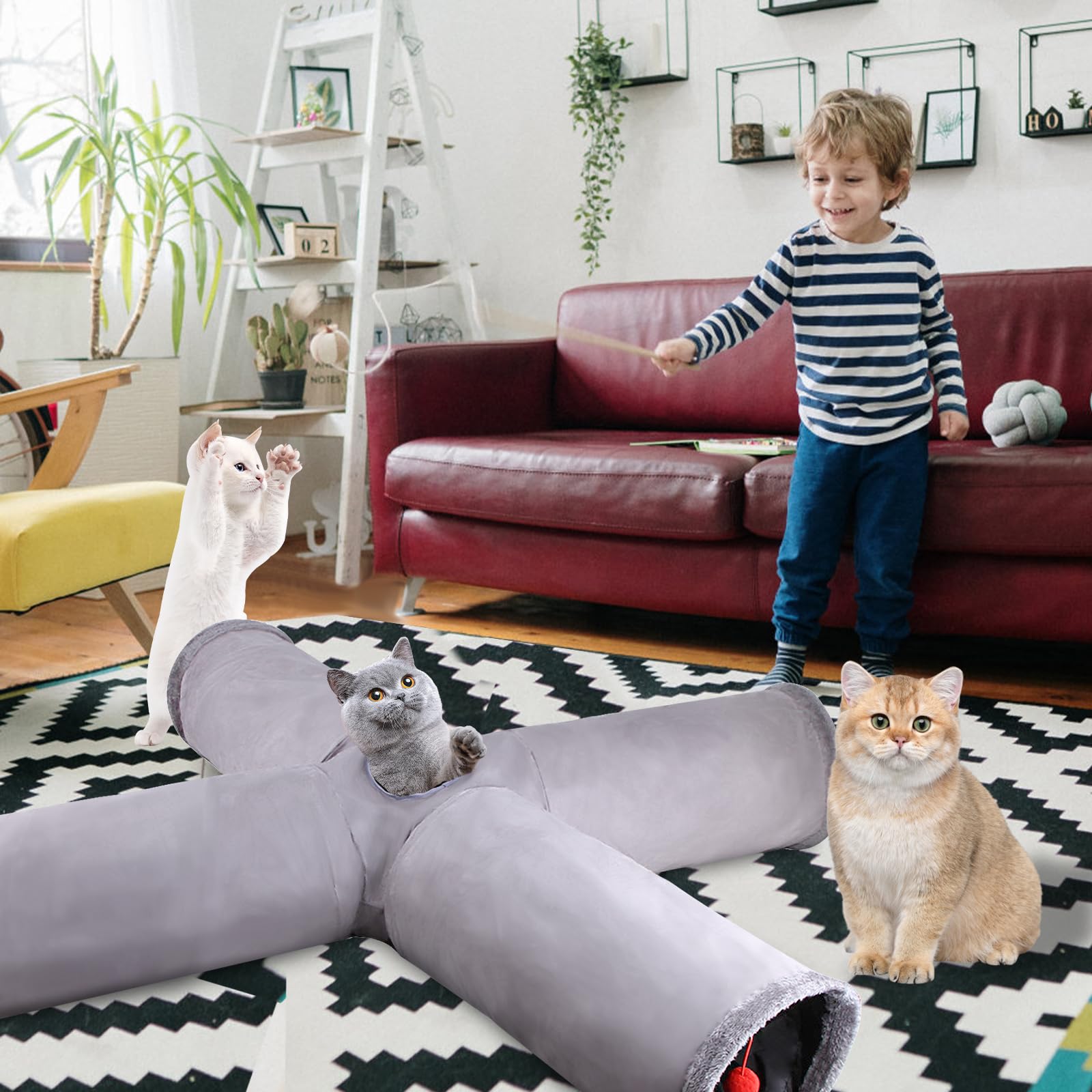 OHANA 3-weg kattentunnel speelgoed, opvouwbare kattentunnel interactief speelgoed voor katten kitten dia: 25 cm